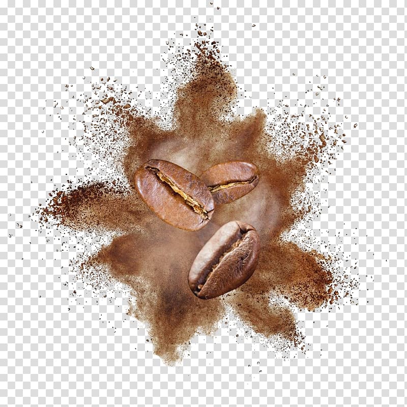 three brown coffee beans, Coffee Dust explosion White Powder, Coffee beans coffee powder transparent background PNG clipart
