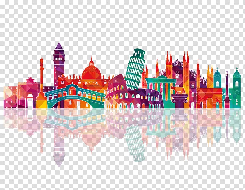 Italy landmark artwork , Italy Skyline Drawing, Colorful city silhouette transparent background PNG clipart