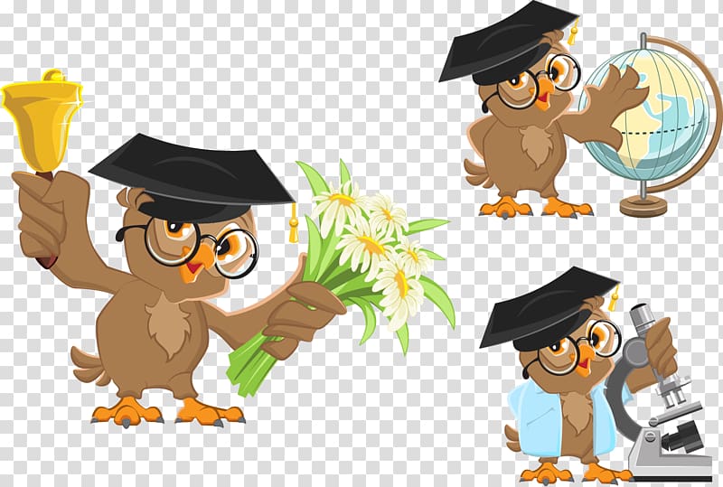 owl wearing mortar hat illustration, School bell , Cartoon owl teacher transparent background PNG clipart