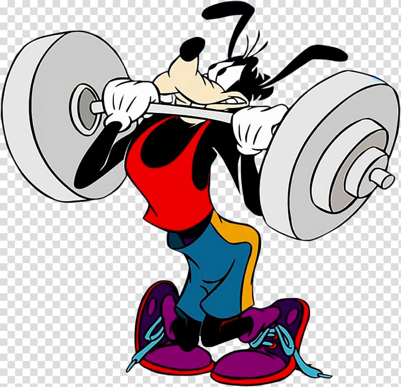 Goofy lifting dumbbell illustration, Goofy Mickey Mouse Donald Duck Weight training Olympic weightlifting, goofy transparent background PNG clipart