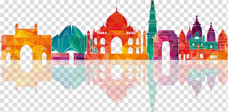 Taj Majal , New Delhi Skyline Illustration, Colorful city building silhouettes transparent background PNG clipart