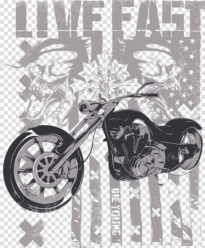 black cruiser motorcycle illustration, Printed T-shirt Clothing Printing, Retro motorcycle printing transparent background PNG clipart
